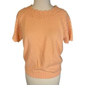 Haband Classic Old Money Style Peach Pointelle Knit Sweater Short Sleeve Medium